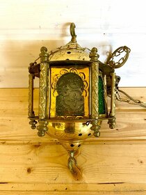 Stará krásná mosazná lampa s různobarevnými skly - 5