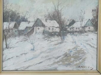 olejomalba , obraz- chalupky v zime. - 5