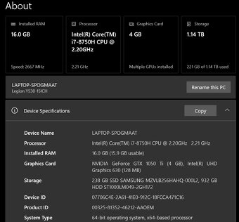 💻 Lenovo Legion Y530 – i7 / GTX 1050 Ti / 16 GB RAM / 1 TB - 5