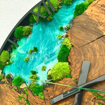 Machove hodiny s drevom s epoxidom 60cm olivove drevene - 5