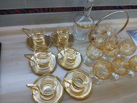 retro, tácka, zvončeky, šálky, karafa, brúsené poháre - 5