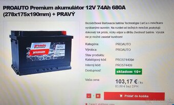 Predám NOVÚ auto batériu PROAUTO Premium 12V 74Ah 680A - 5