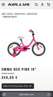 Predám detský bicykel Kellys Emma Neo Pink 16" - 5