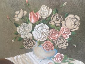 Starožitný maľovaný obraz - kvety - 5