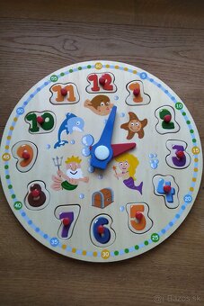 2x drevena vkladacka: rybka-cisla, farby + vkladacka hodiny - 5