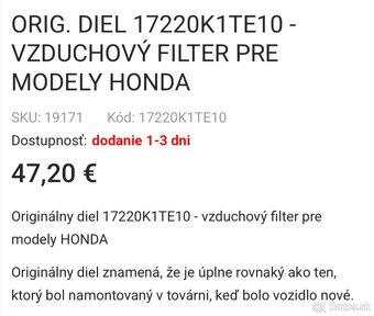 ORIG. DIEL 17220K1TE10 - VZDUCHOVÝ FILTER PRE MODELY HONDA - 5