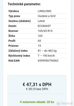 Predám nové letné pneumatiky 165/65 R15 - 5