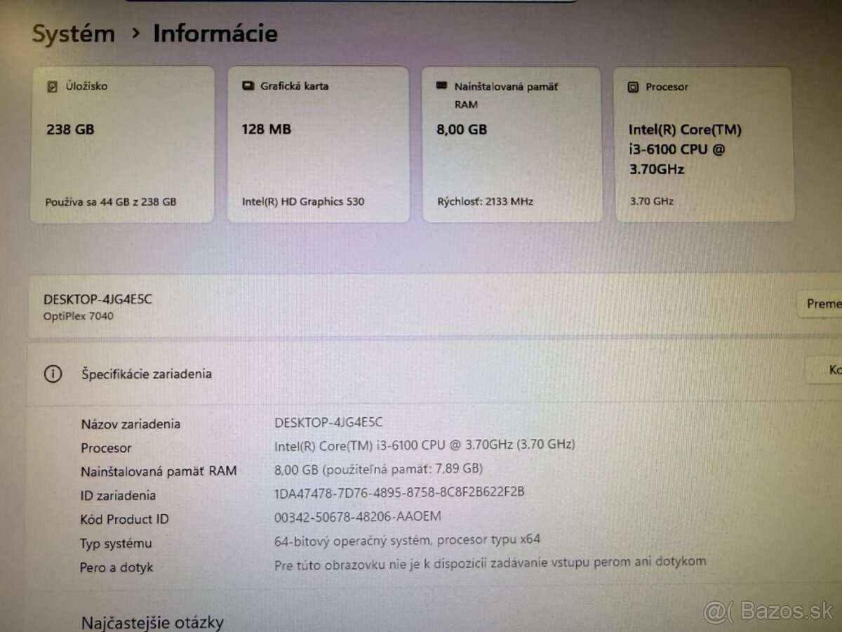Počítač DELL.Intel i3-6100 2x3,70GHz.8gb ram.256gb SSD - 6