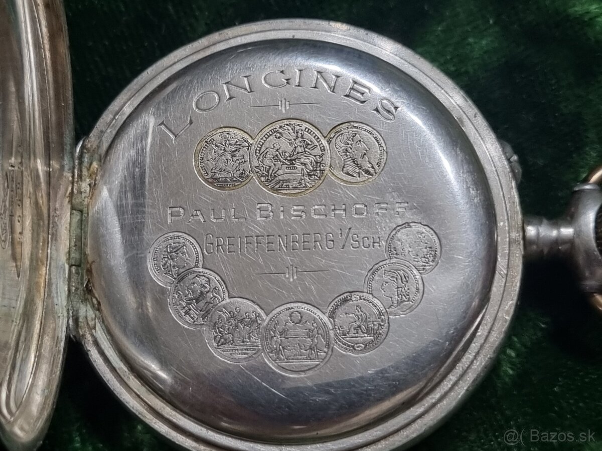Strieborné, vreckové hodinky,Longines. - 6