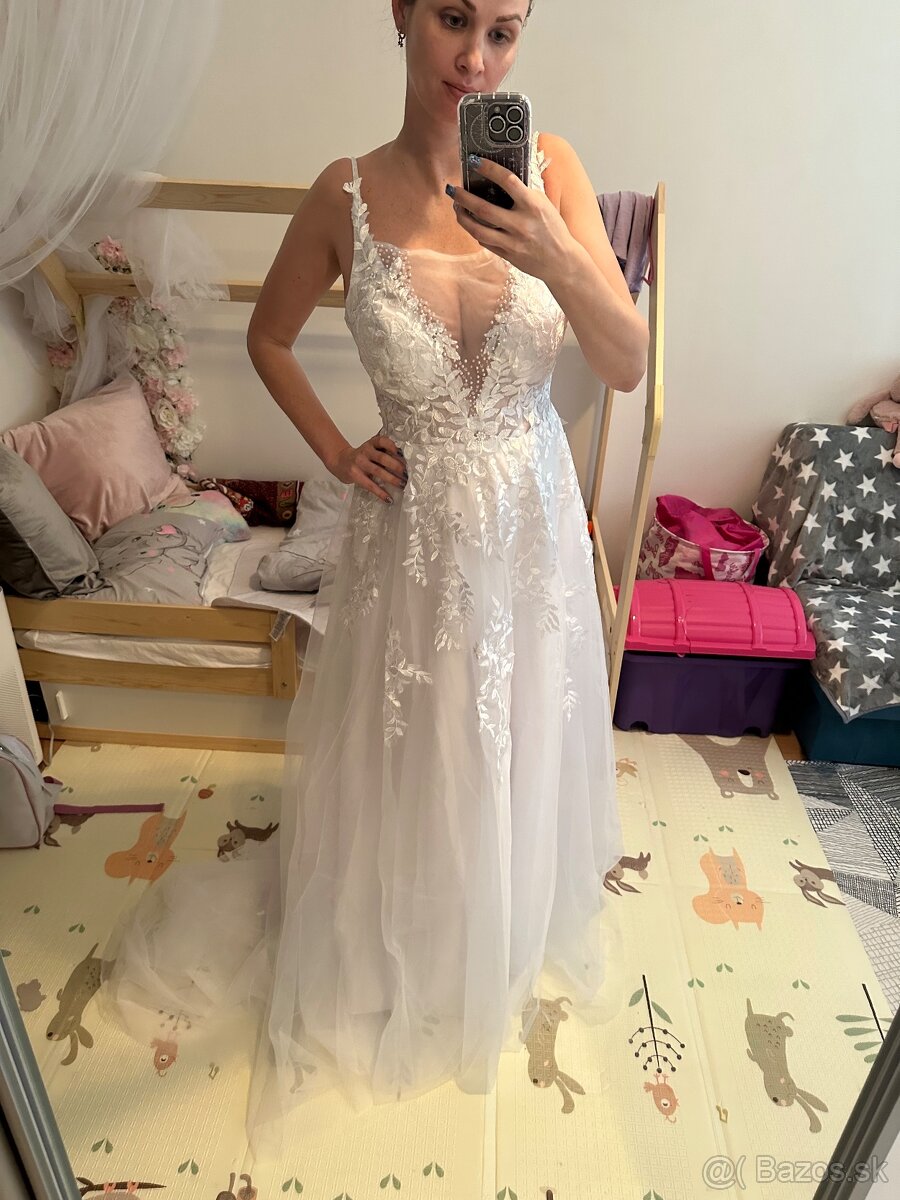 Krasne nové nenosené svadobné biele šaty na ramienka, 36 - 6