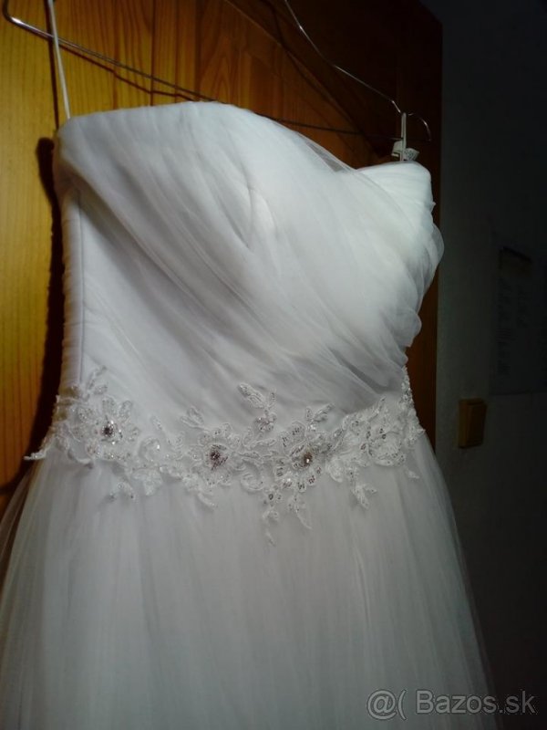 Snehobiele tylové svadobné šaty XS-S (34-36) + závoj - 6