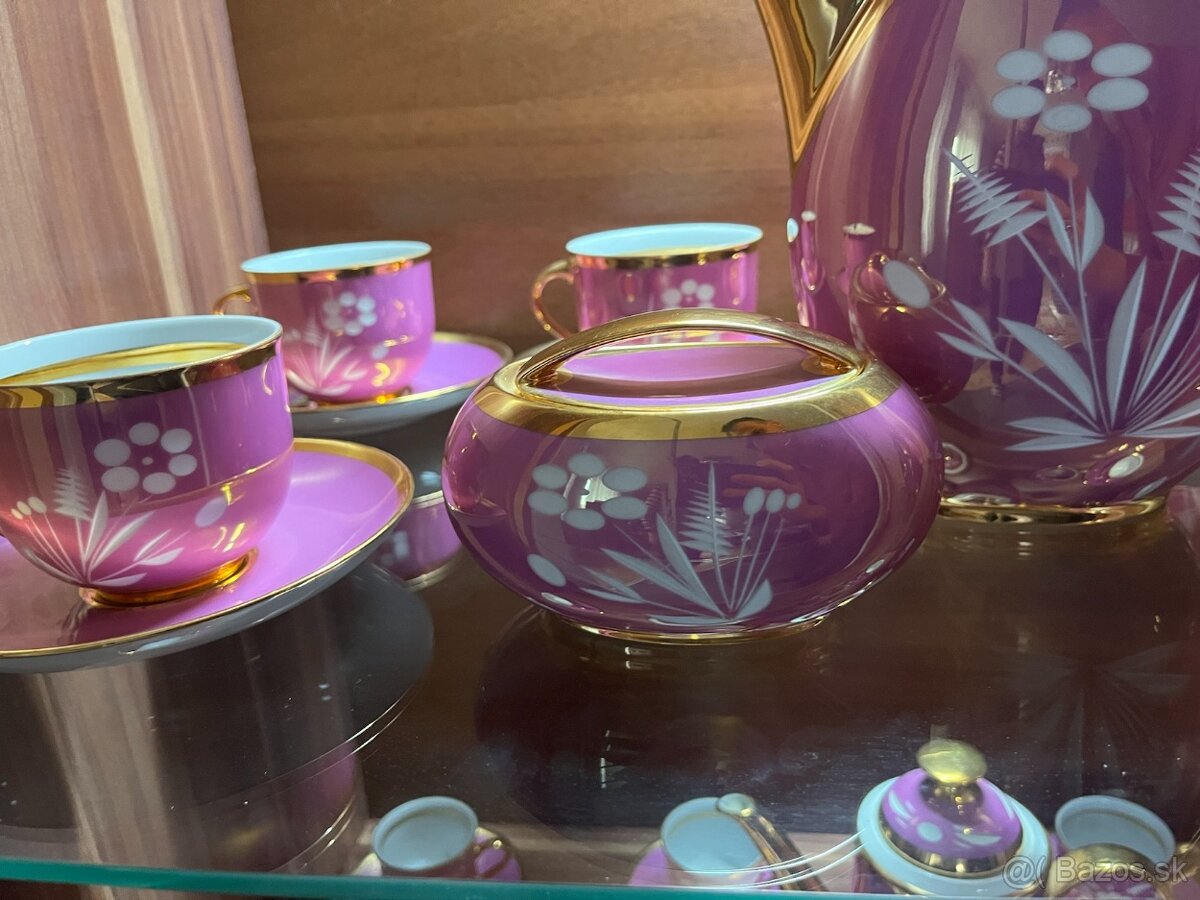 Nádherný fialový porcelánový kávový servis bohato pozlátený - 6