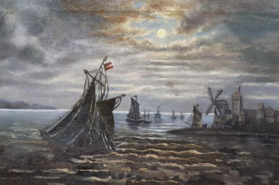 Predám starožitnú olejomalbu na plátne 50cm x 37cm ,,Prístav - 6