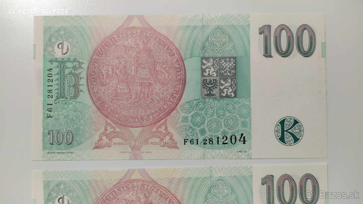 České bankovky 100Kčs 1997 UNC s. F, G a H - 6