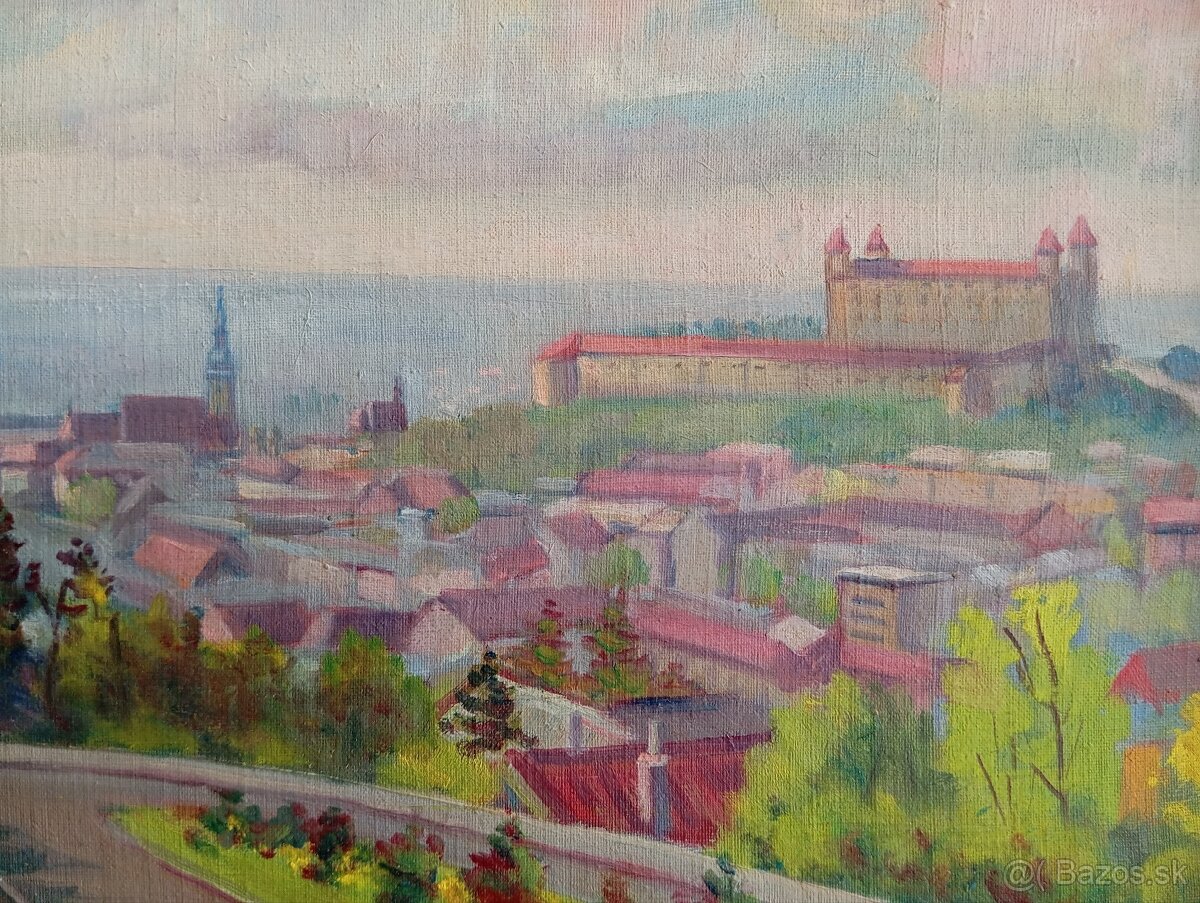 Krásny starý slovenský obraz - Výhľad na Bratislavu 88x48 cm - 6