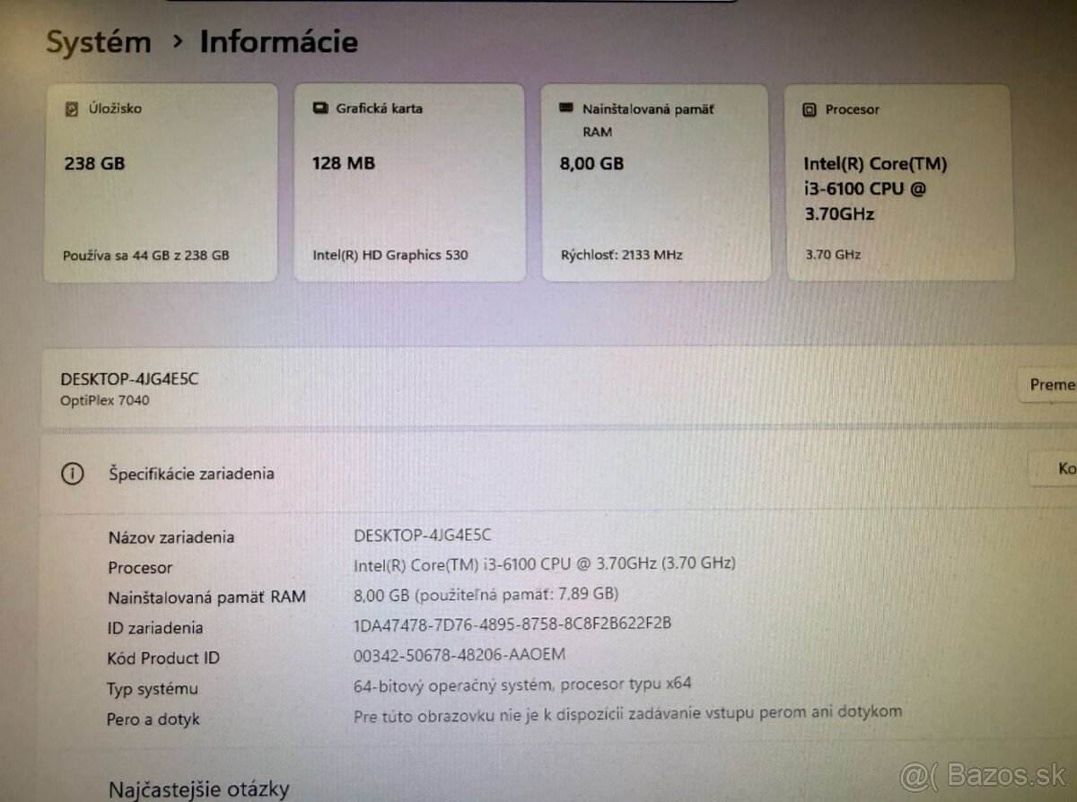 Počítač DELL.Intel i3-6100 2x3,70GHz.8gb ram.256gb SSD - 6