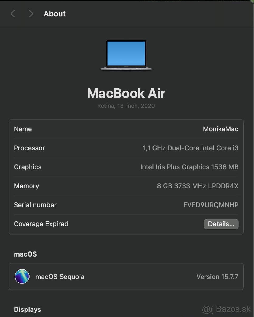 MacBook Air 2020, i3, 8GB RAM, 256GB - 6