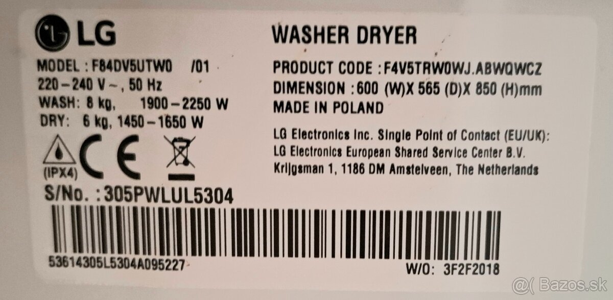 Predam práčku so sušičkou LG ThinQ 8/6kg - 6