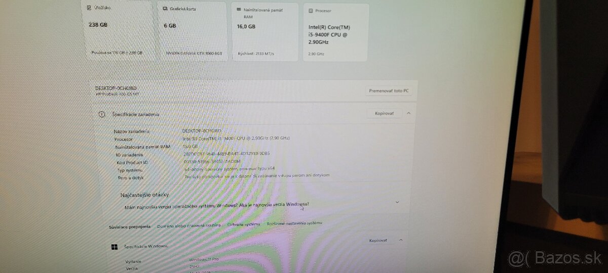 Predám herné HP ProDesk / i5 9400 + 16GB DDR4 + GTX1060 6GB - 6