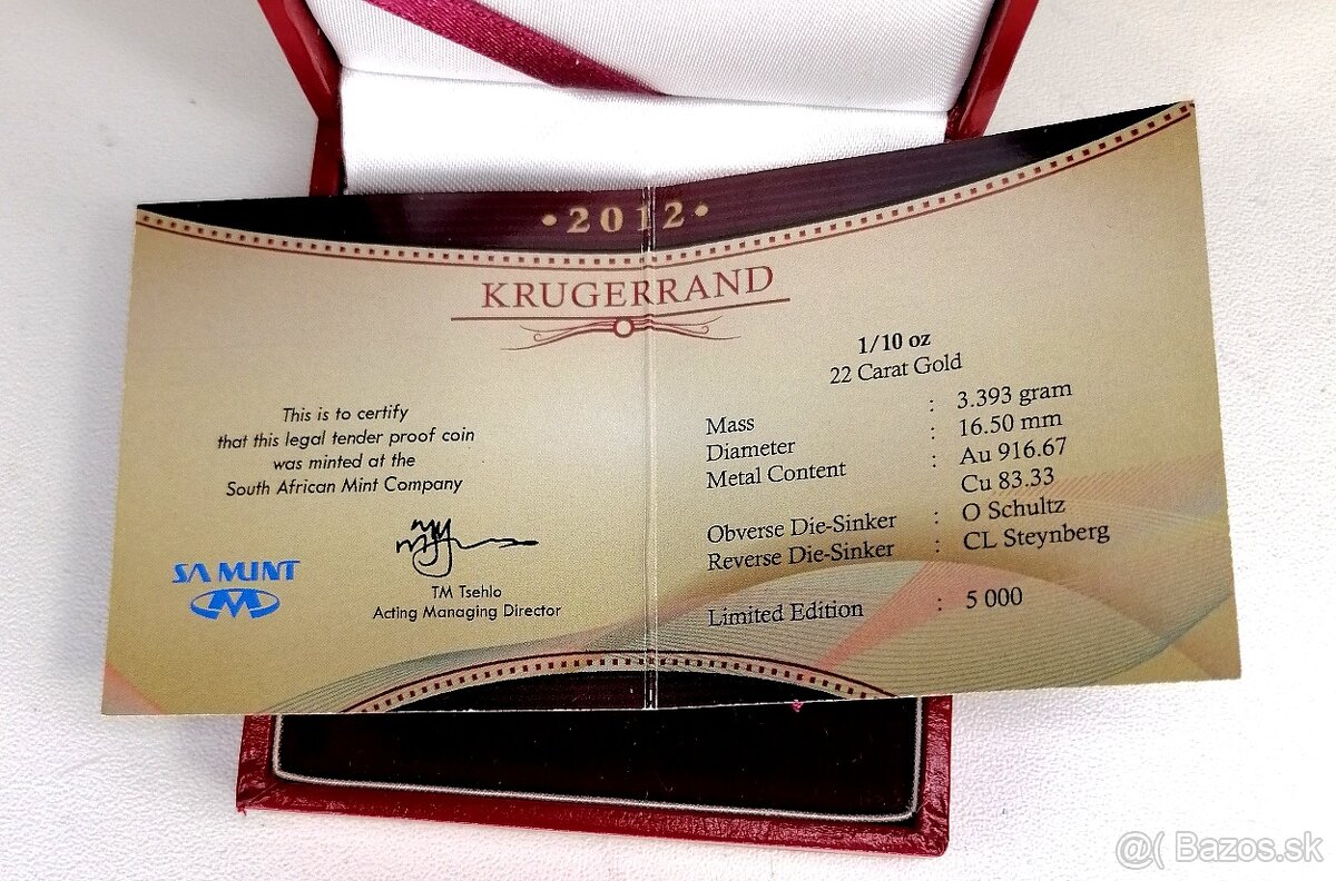 KRUGERRAND 2012 1/10oz Au 916/1000 PROOF - 6