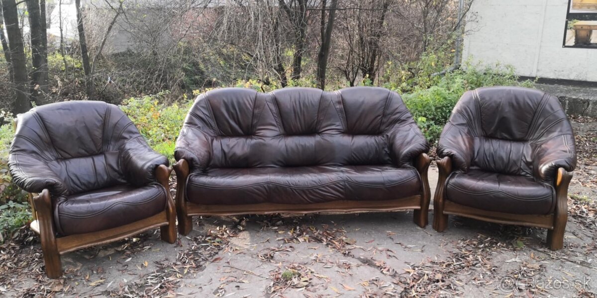 Kožená sedacia súprava 3+1+1 s masívnym dubivým drevom - 6