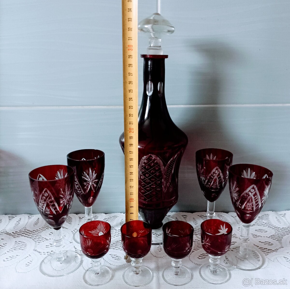 Krištáľ - rubínová karafa , poháre, vázy - 6