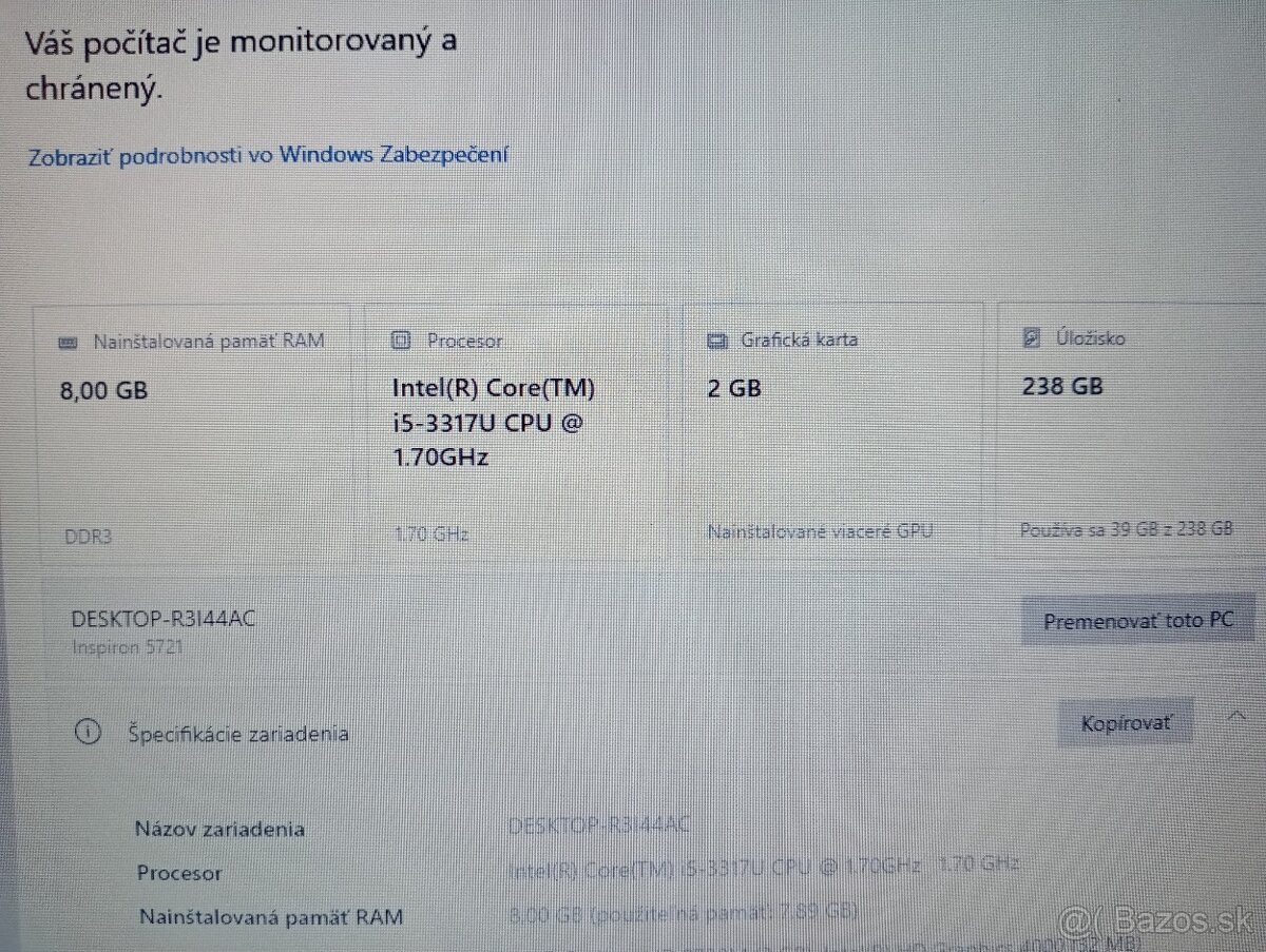 predám notebook Dell Inspiron - Intel core i5 -8gb ram - ssd - 6