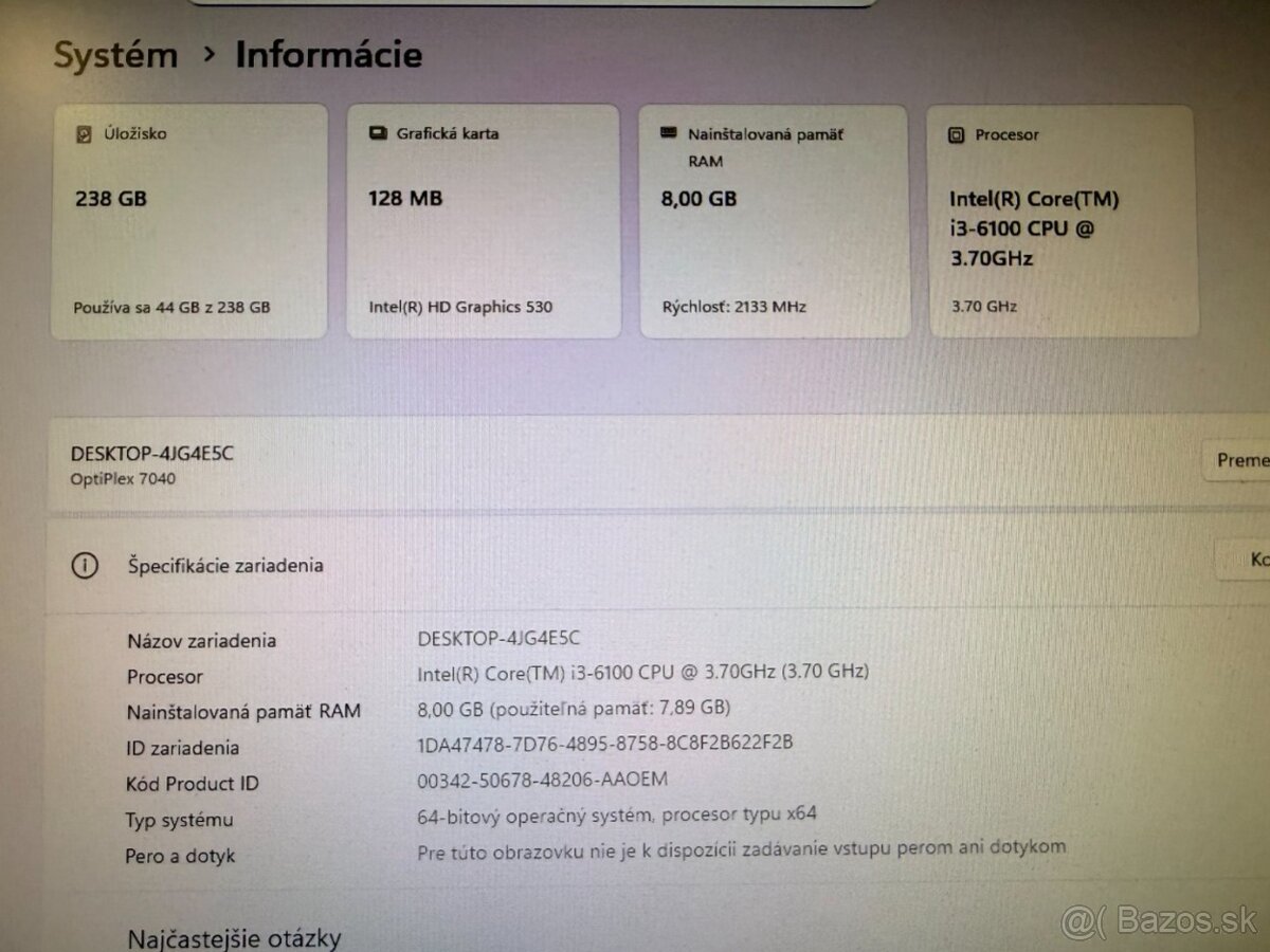 Počítač DELL.Intel i3-6100 2x3,70GHz.8gb ram.256gb SSD - 6