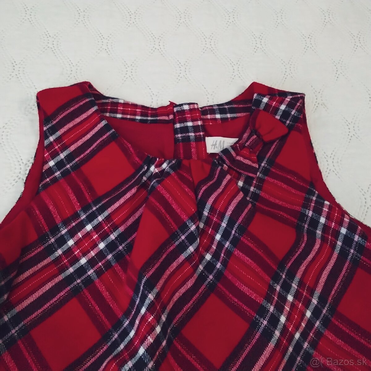H&M kárované červené trblietavé šaty s mašľou a vreckami,140 - 6