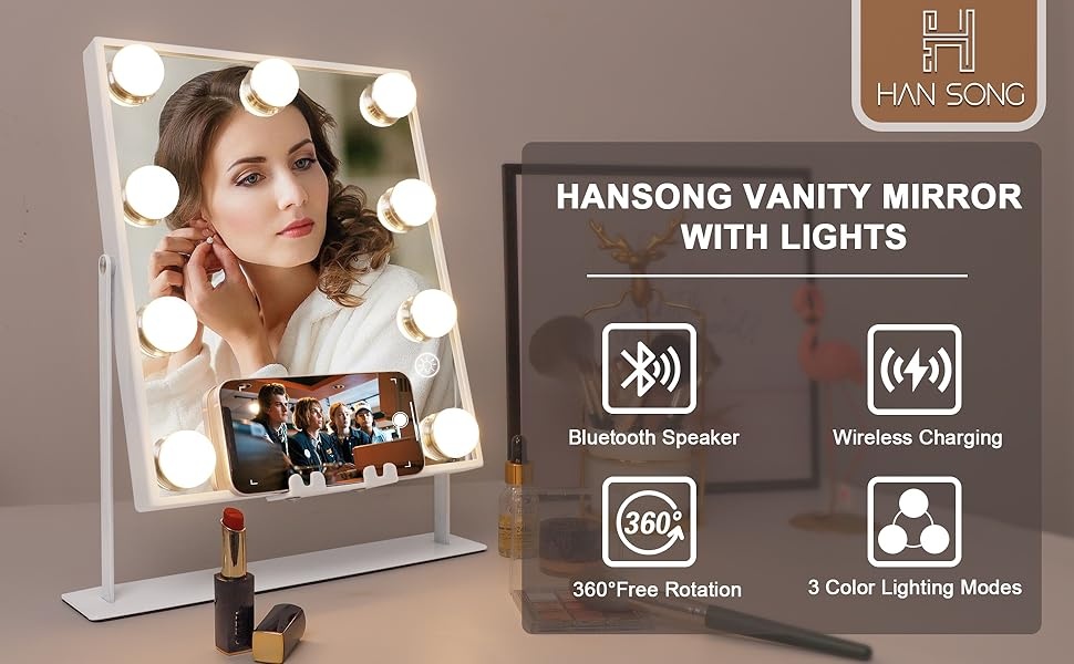 Zrkadlo s reproduktorom a bezdrôtovou nabíjačkou s 9 žiarovk - 6