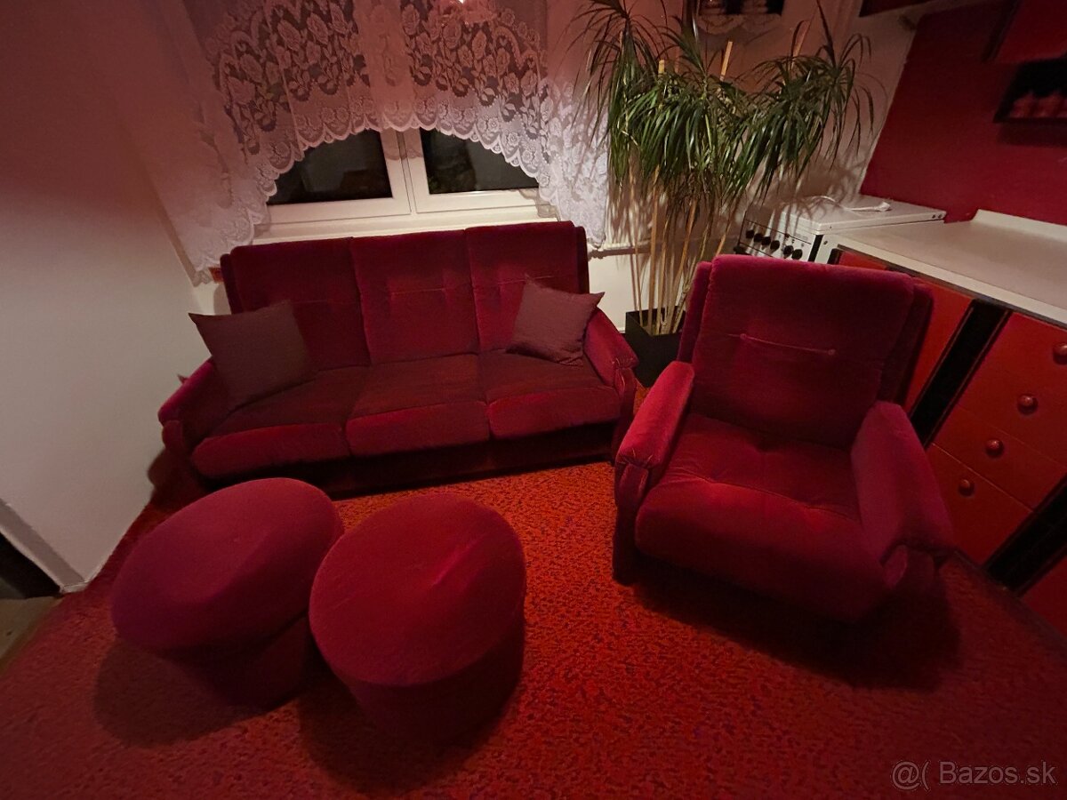 Retro rozkladacia sedacia súprava – gauč, kreslo, 2 taburet - 6