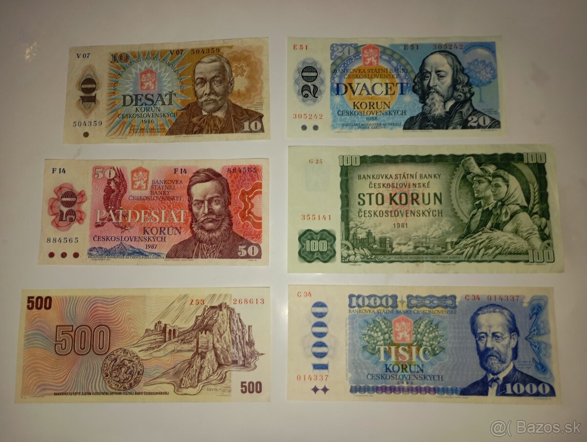SESTAVA BANKOVEK 10-1000 KČS, 80. LÉTA, 6 RŮZNÝCH NOMINÁLŮ - 6