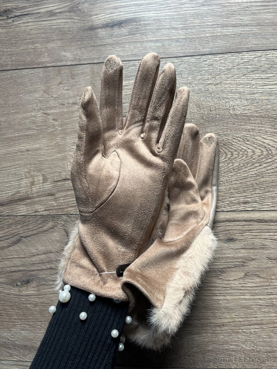 Damske bezove rukavice s umelou kozusinou - 6