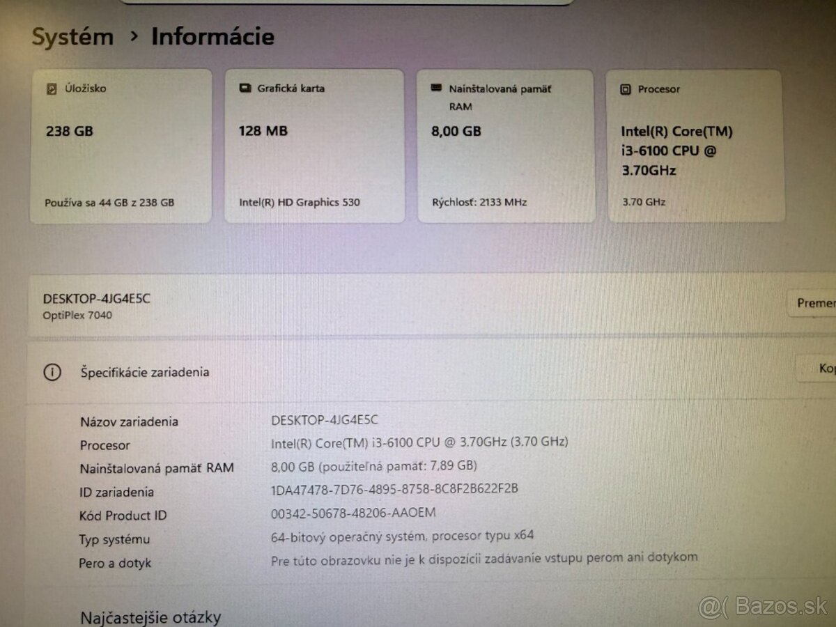 Počítač DELL.Intel i3-6100 2x3,70GHz.8gb ram.256gb SSD - 6