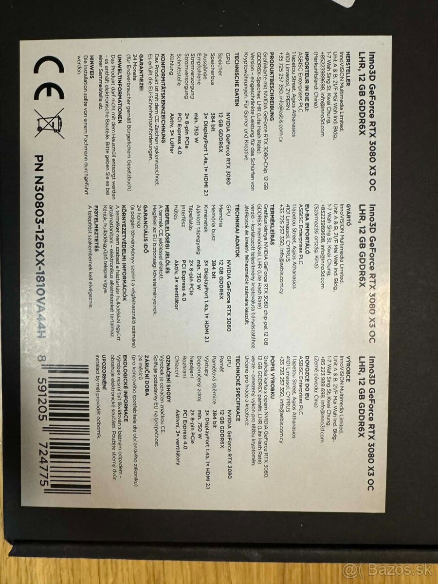 INNO3D GeForce RTX 3080 X3 OC LHR 12G BULK - 6