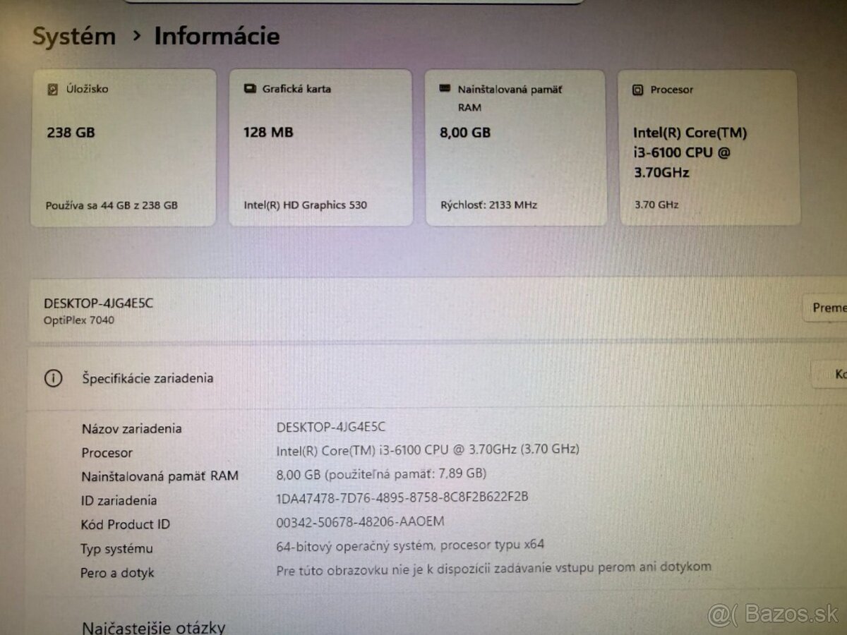 Počítač DELL.Intel i3-6100 2x3,70GHz.8gb ram.256gb SSD - 6