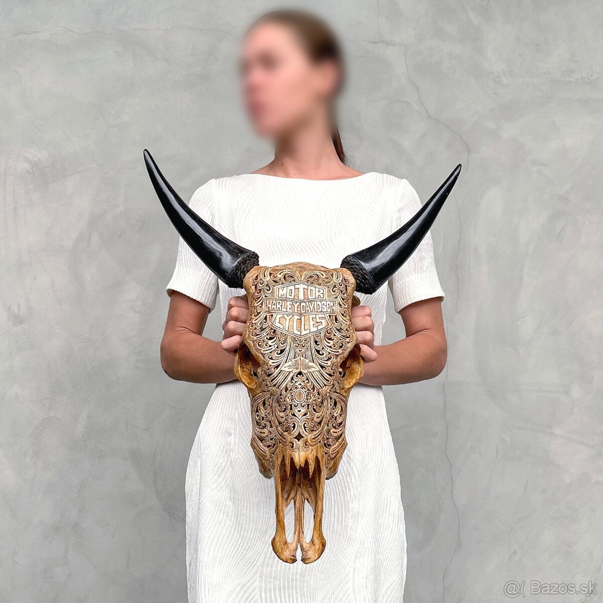 Ručne vyrezávaná lebka býka Harley Davidson, 54cm - 6