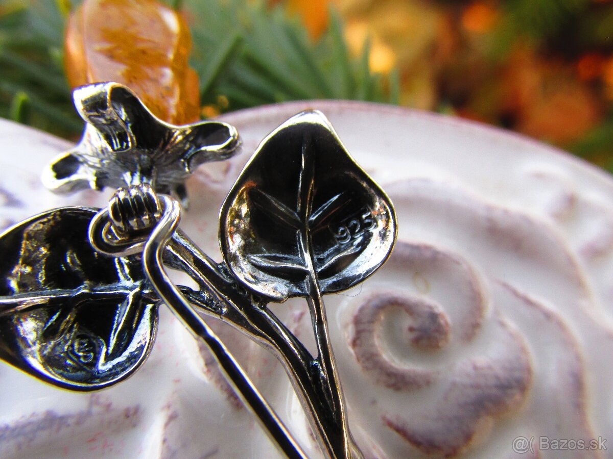 Strieborná brošňa Ruža osádzaná Jantárom, Ag 925 - 6