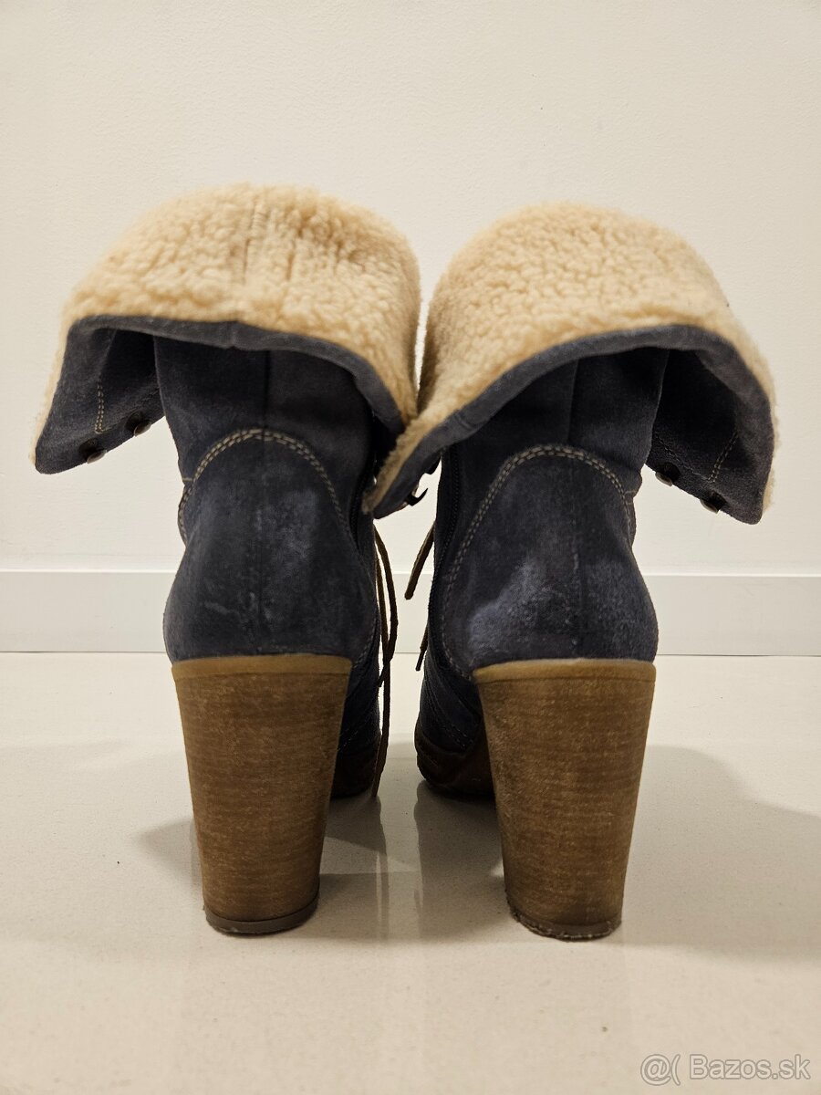 Dámske modré semišové čižmy na podpätku - 6