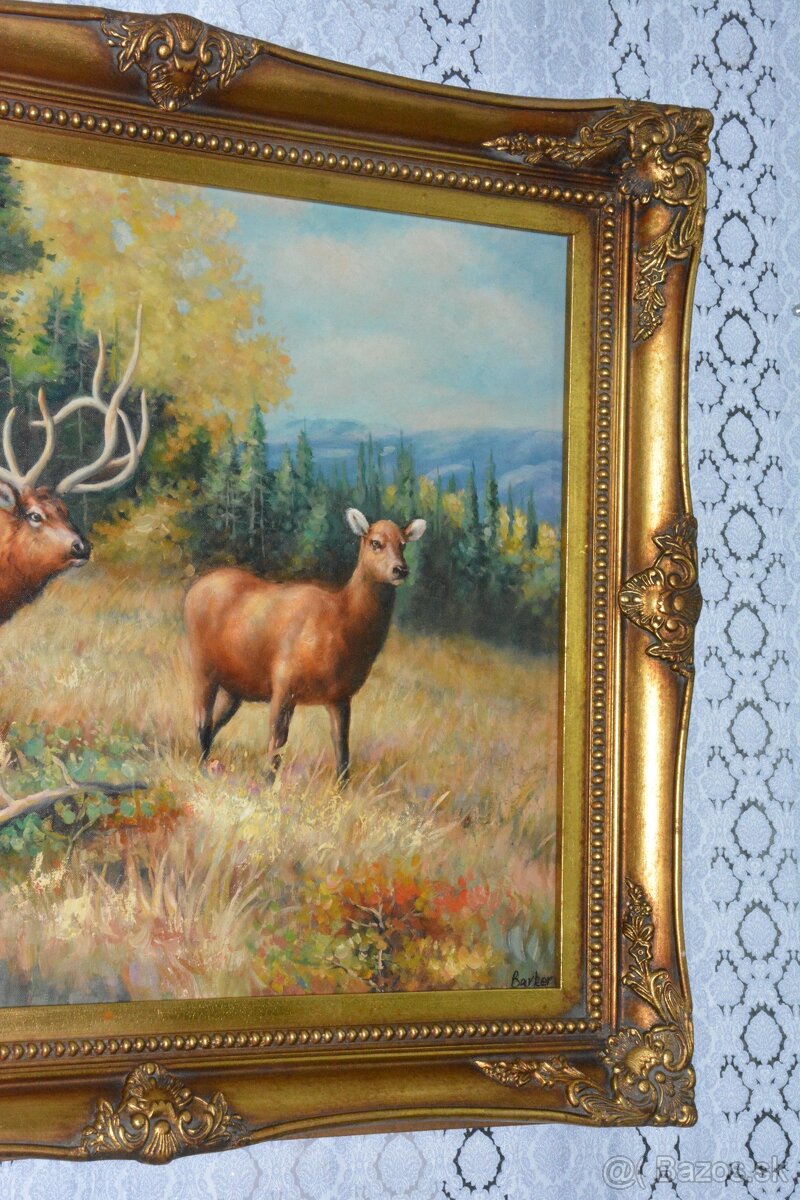 Zámecký obraz - Jelen s laní- olej na plátně - 6