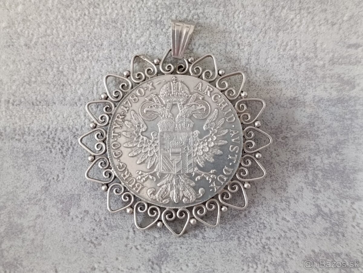 Velká stříbrná mince, stříbrný rámeček, ag, punc, 37g. - 6