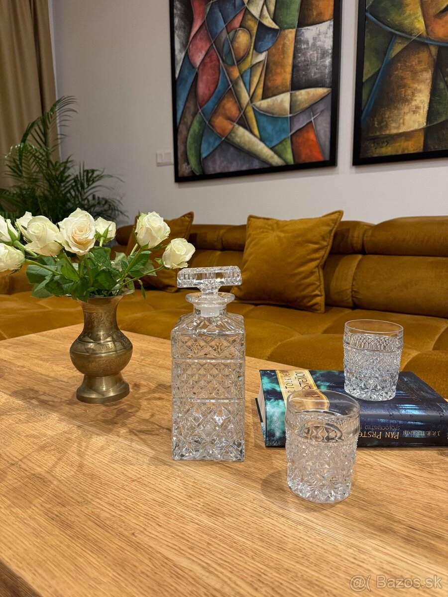 Československá krištálová karafa a veľké whiskey poháre 6 ks - 6