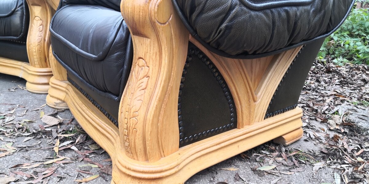 Kožená sedací souprava 3+1+1 s mas. dubovým dřevem TOP STAV - 6