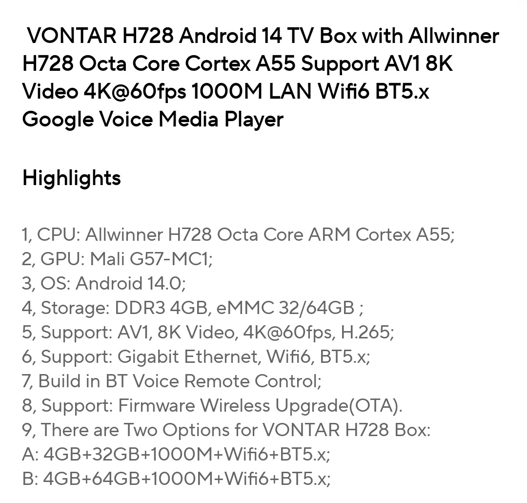 Android TV box Vontar H728, 4K/8K, Octa core A55 - 6