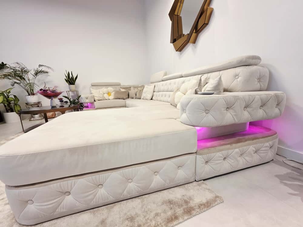 Luxusná rohová sedačka s LED osvetlením, elektrickým výsuvom - 6