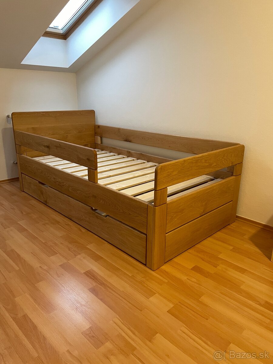 Dubová posteľ 90x200cm s výsuvným lôžkom - 6