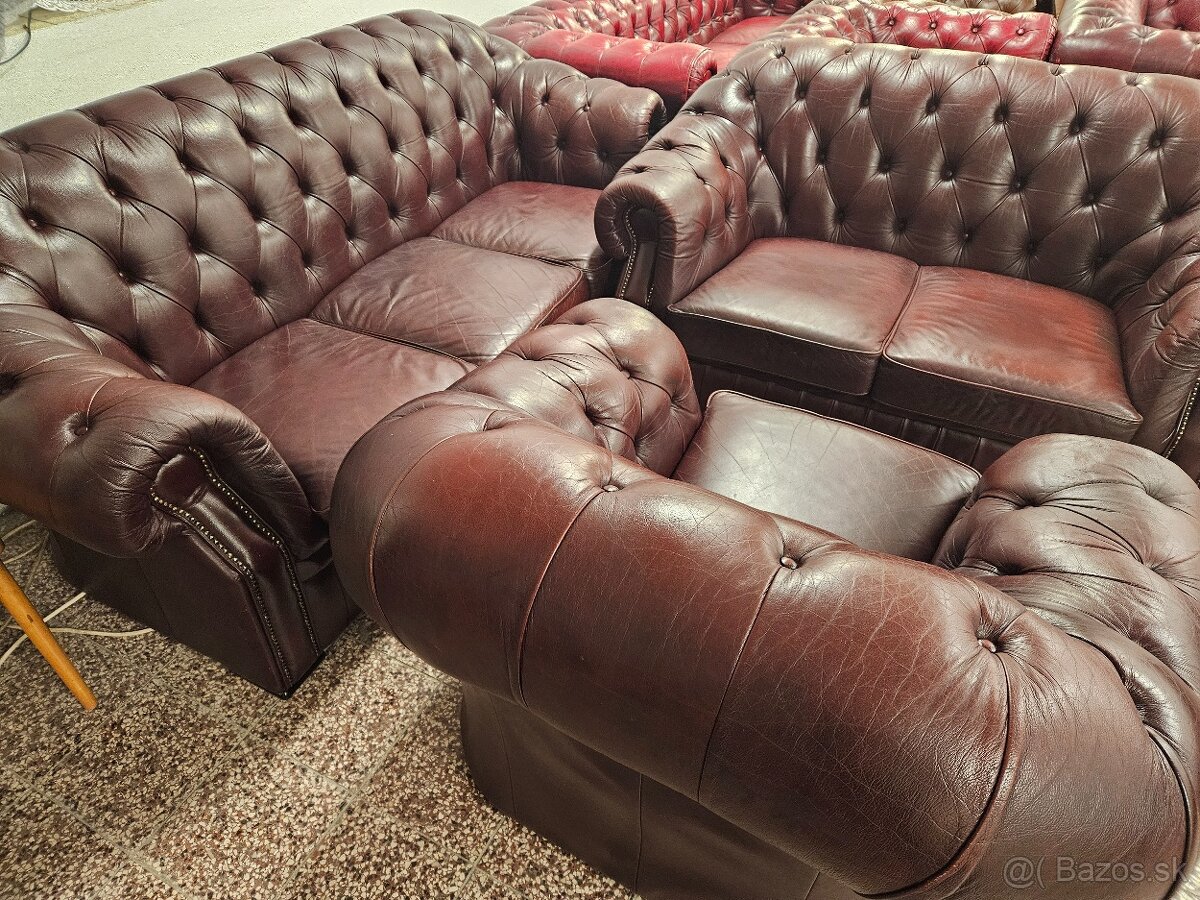 CHESTERFIELD ŠTÝL,KOŽENÁ 3+2+1,TMAVOBORDOVÁ NEROZŤ. - 6