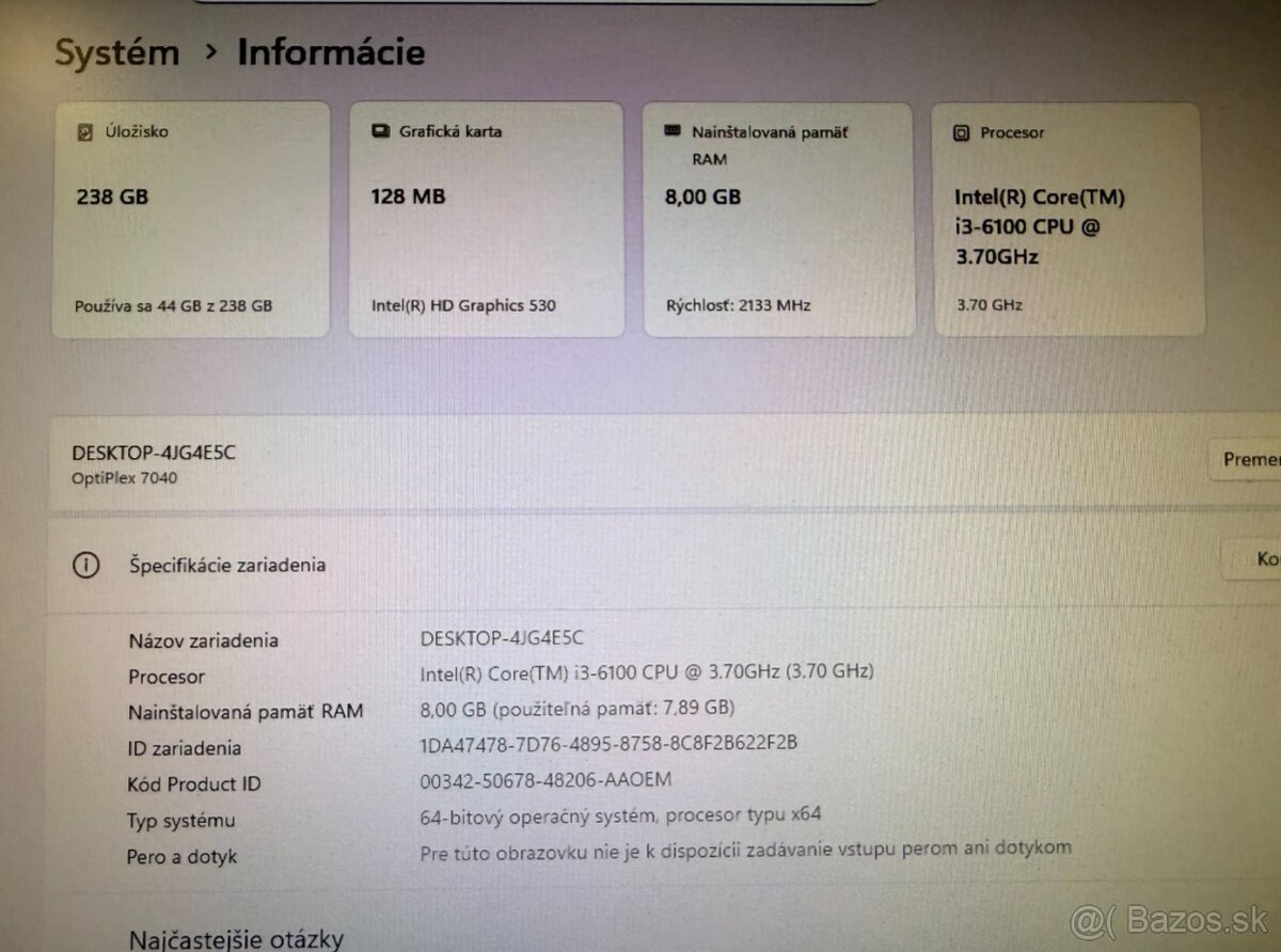 Počítač DELL.Intel i3-6100 2x3,70GHz.8gb ram.256gb SSD - 6