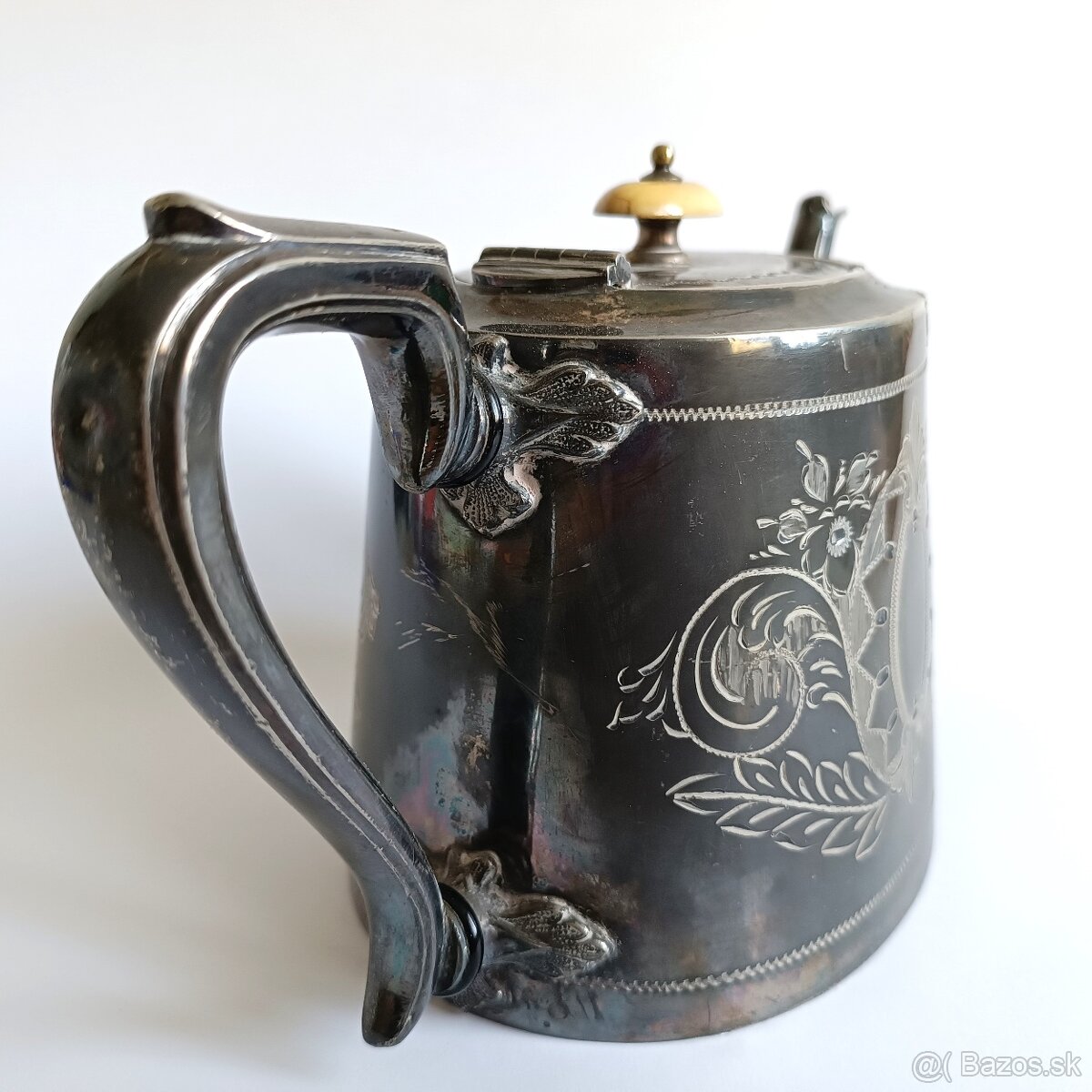 Tradičný postriebrený viktoriánsky čajník s rohovinovou úchy - 6