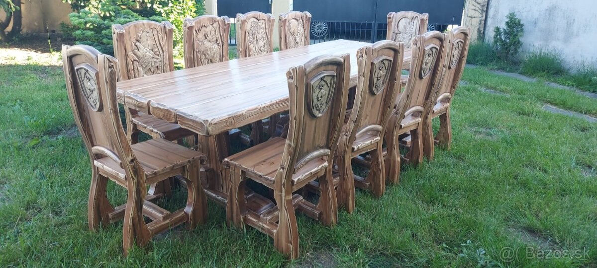 Drevený stôl Poľovnicke motivy 90×200cm+10stoliček - 6